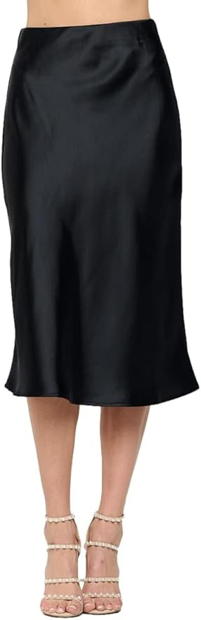 Women Solid High Waist Silky Casual Elastic Satin Midi Skirt -Made in USA (Available in Plus Size... | Amazon (US)