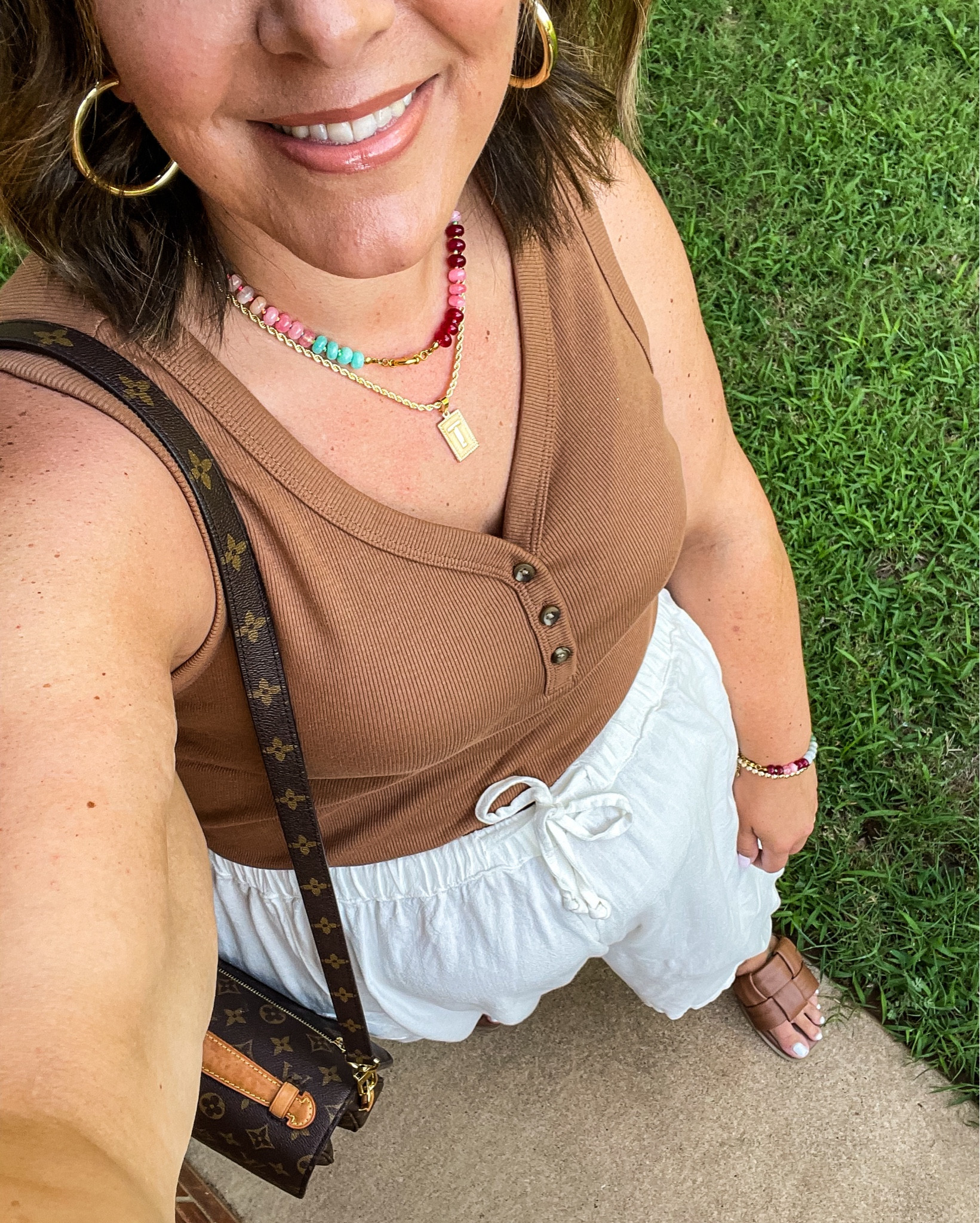 Summer midsize/plus size outfit of the day! This tank top from Kohl’s has a fun Henley detail and comes in regular and plus sizes! My white pants run super big and are so comfy - I do a size large. The necklace looks like Anthro but it’s Amazon! 

#LTKPlusSize #LTKOver40 #LTKMidsize
