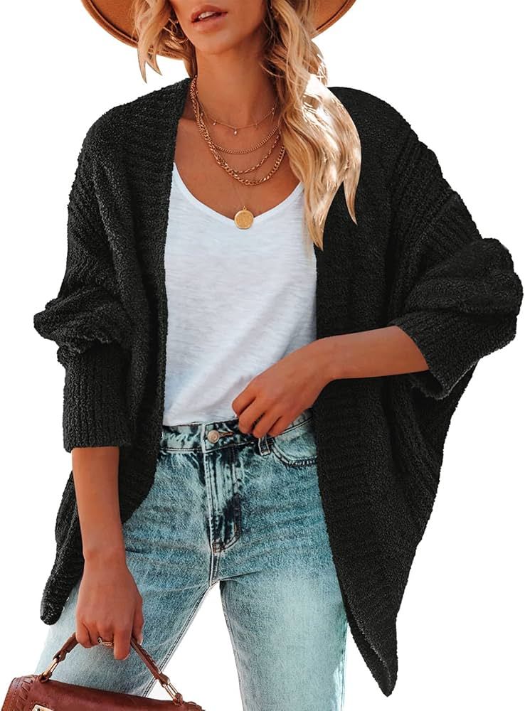 ANRABESS Women’s Casual Oversized Long Batwing Sleeve Open Front Slouchy Soft Fuzzy Knit Crop Cardig | Amazon (US)