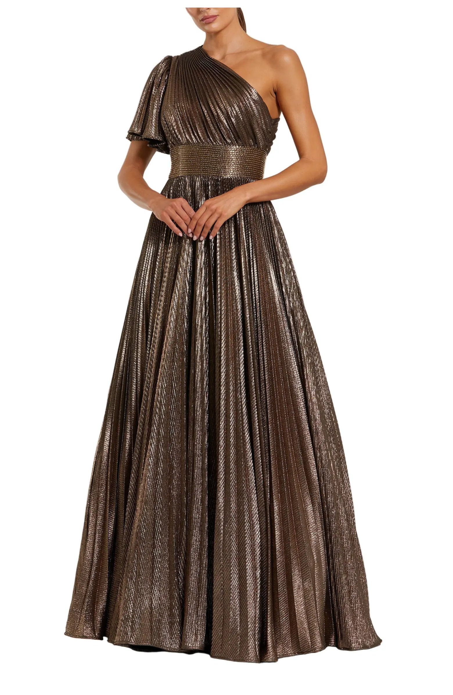 Mac Duggal One Shoulder Pleated Metallic Ballgown | Nordstrom | Nordstrom