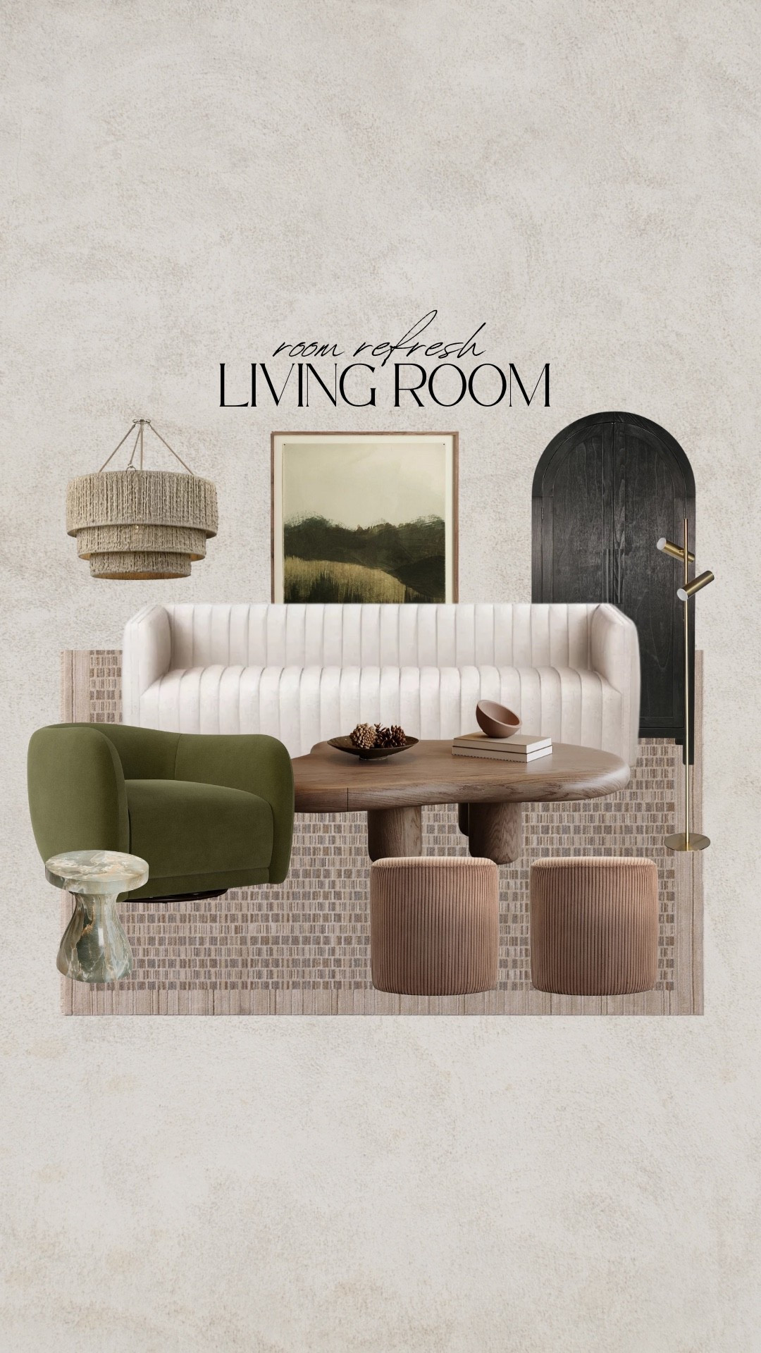 Living room refresh, transitional living room, modern organic living room, neutral living room, green accent chair, green swivel chair, brown rug, checkered rug, modern rug, brown ottoman, ribbed ottoman, abstract coffee table, organic coffee table, walnut coffee table, wood coffee table, channeled ottoman, channeled sofa, striped sofa, linen sofa, white sofa, cream sofa, black tall cabinet, arched cabinet, storage cabinet, black bookcase, landscape art, woven chandelier, gold floor lamp, marble accent table, green accent table

#LTKSeasonal #LTKHome #LTKSaleAlert