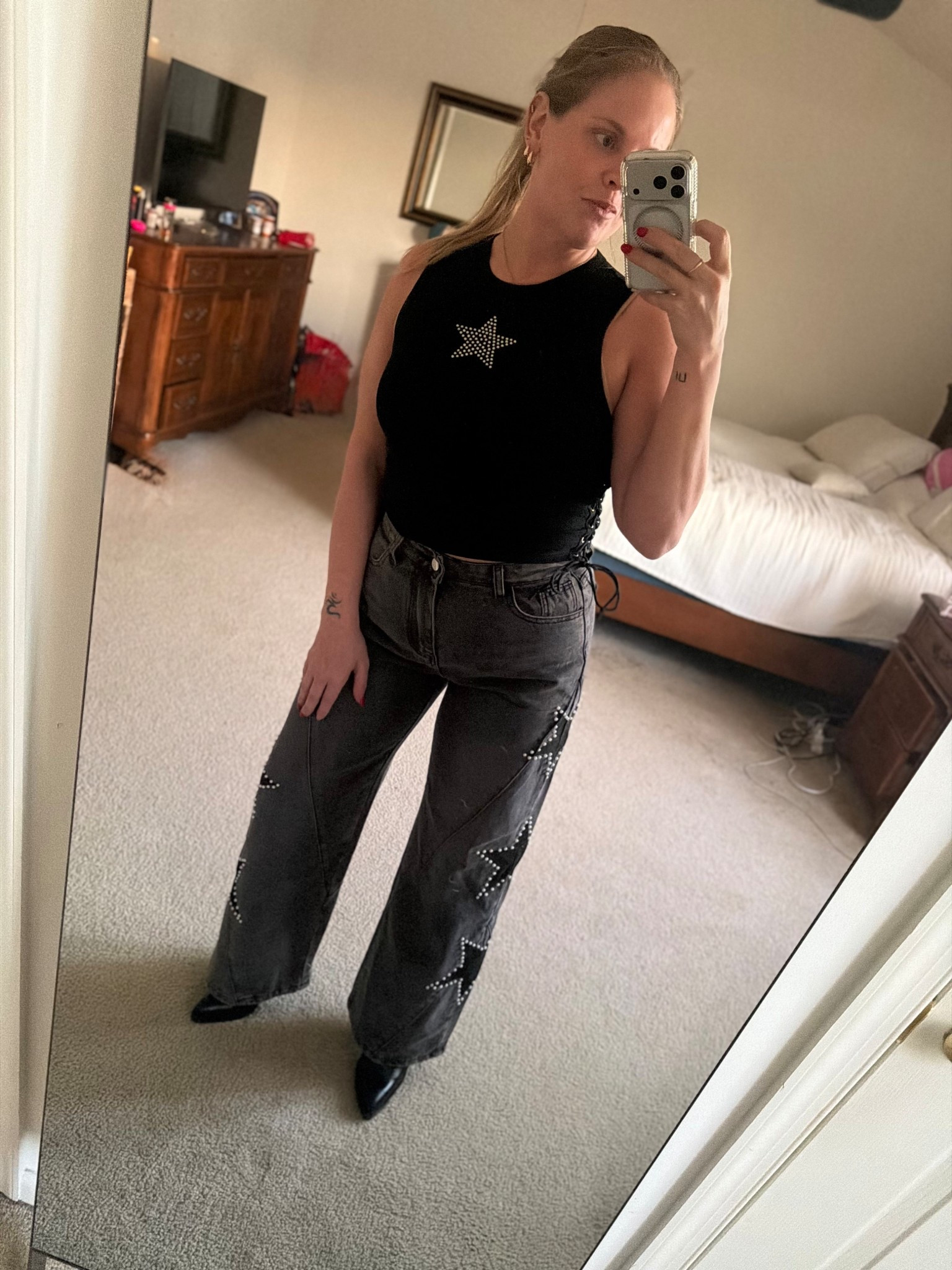 A little edgy, a little y2k, still effortless & affordable✨
These jeans are my newest obsession- wearing a M
Got a L in top so it wasn’t too cropped
This set makes you look trendy & put together for a date night with minimal effort.
Black leather booties on sale on Amazon right now!!

#LTKWomens #LTKGirls #pricedrop #ltkstyle #ltkunder50 #amazonfinds #affordablefashion #statementpiece #amazonfashion #statementdenim #starprint #trendyoutfits #vintage #punkstyle #casualchic #sexy #everydaystyle #coolgirlstyle #rockerstyle #widelegjeans #blackoutfit #denimlook #neutralstyle #blackbooties #concert #springstyle #summeroutfits #outfitinspo

#LTKMidsize #LTKootd #LTKSaleAlert
