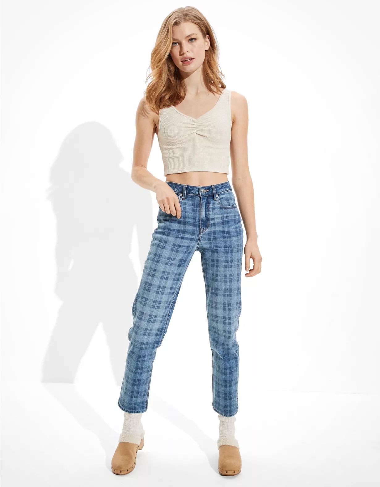 AE Stretch Plaid Mom Straight Jean | American Eagle Outfitters (US & CA)
