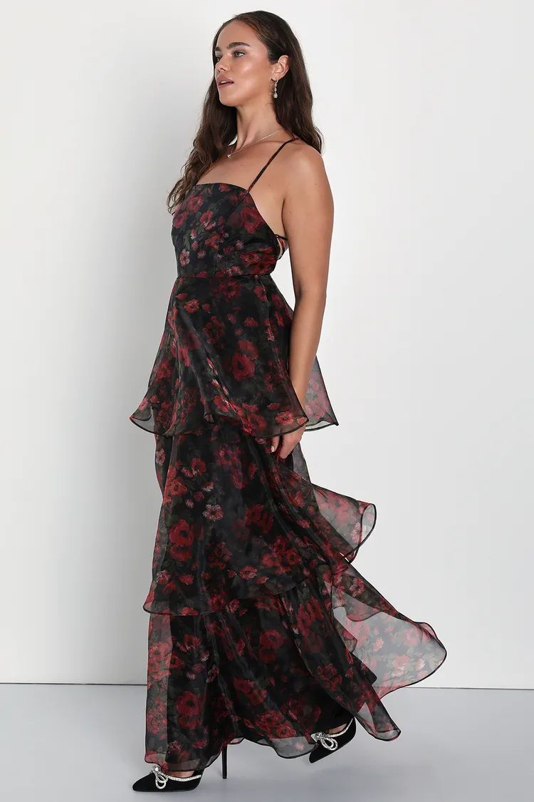 Marvelous Essence Black Floral Organza Lace-Up Tiered Maxi Dress | Lulus (US)