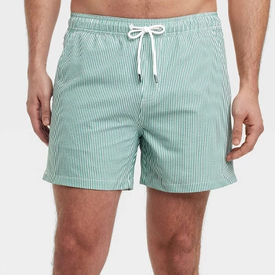 Men's 5'' Seersucker Swim Trunks - Goodfellow & Co™ Olive Green XXL: Built-in Boxer, Adjustable Waistband, Stripe Pattern | Target