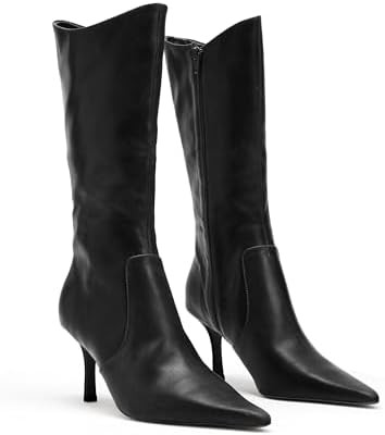 Coutgo Womens Mid Calf Boots Pointed Toe High Heel Long Boots Side Zipper Winter Dress Shoes | Amazon (US)