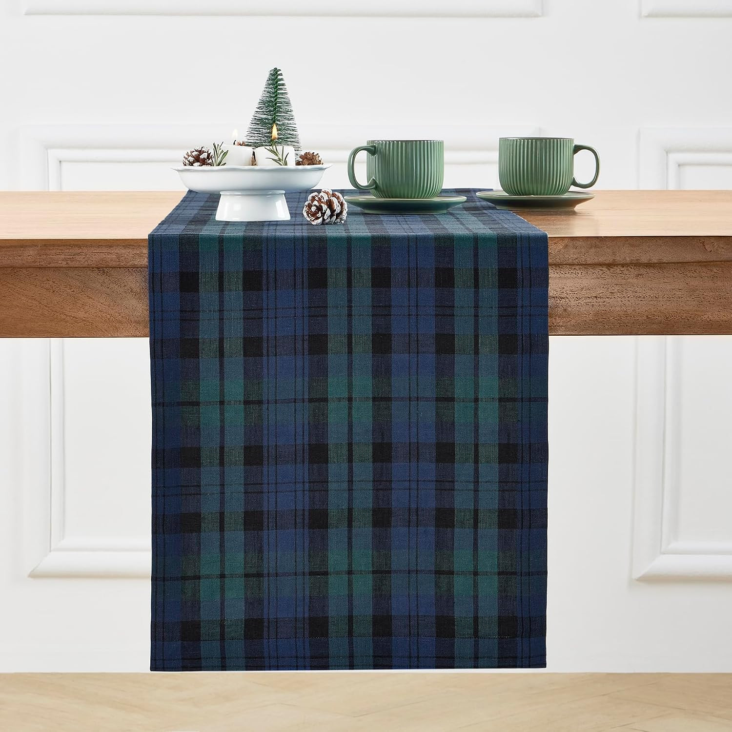 Solino Home 100% Pure Linen Table Runner, 14 x 48 in, Blue and Green Plaid | Amazon (US)