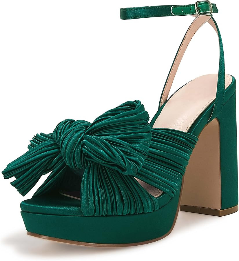 VETASTE Women's Pleated Bow Knot Platform Heeled Sandals Open Toe Chunky Block Heel Ankle Buckle ... | Amazon (US)