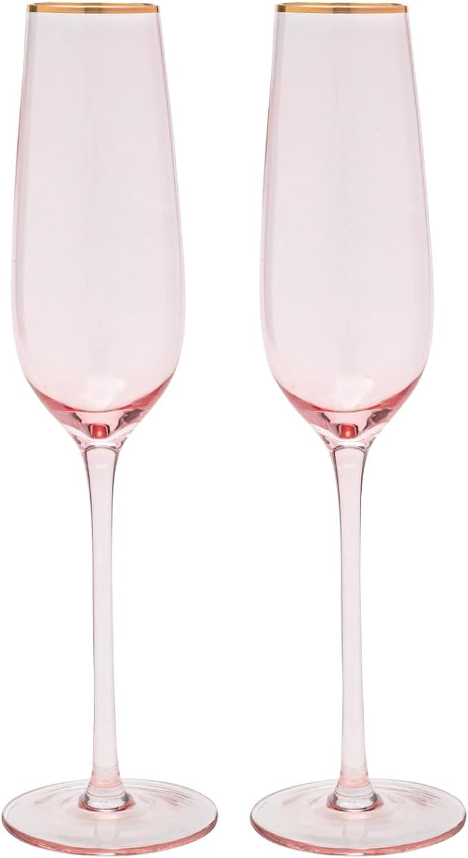 Vikko Champagne Flutes, 8.5 Ounce Toasting Champagne Flute, Pink with Gold Rim Crystal Clear Cham... | Amazon (US)