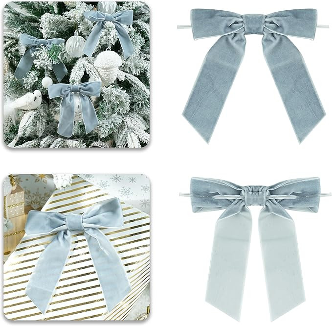 Dusty Blue Velvet Ribbon Christmas Bow 5 Inch Premade Antique Blue Bows for Christmas Tree Hangin... | Amazon (US)