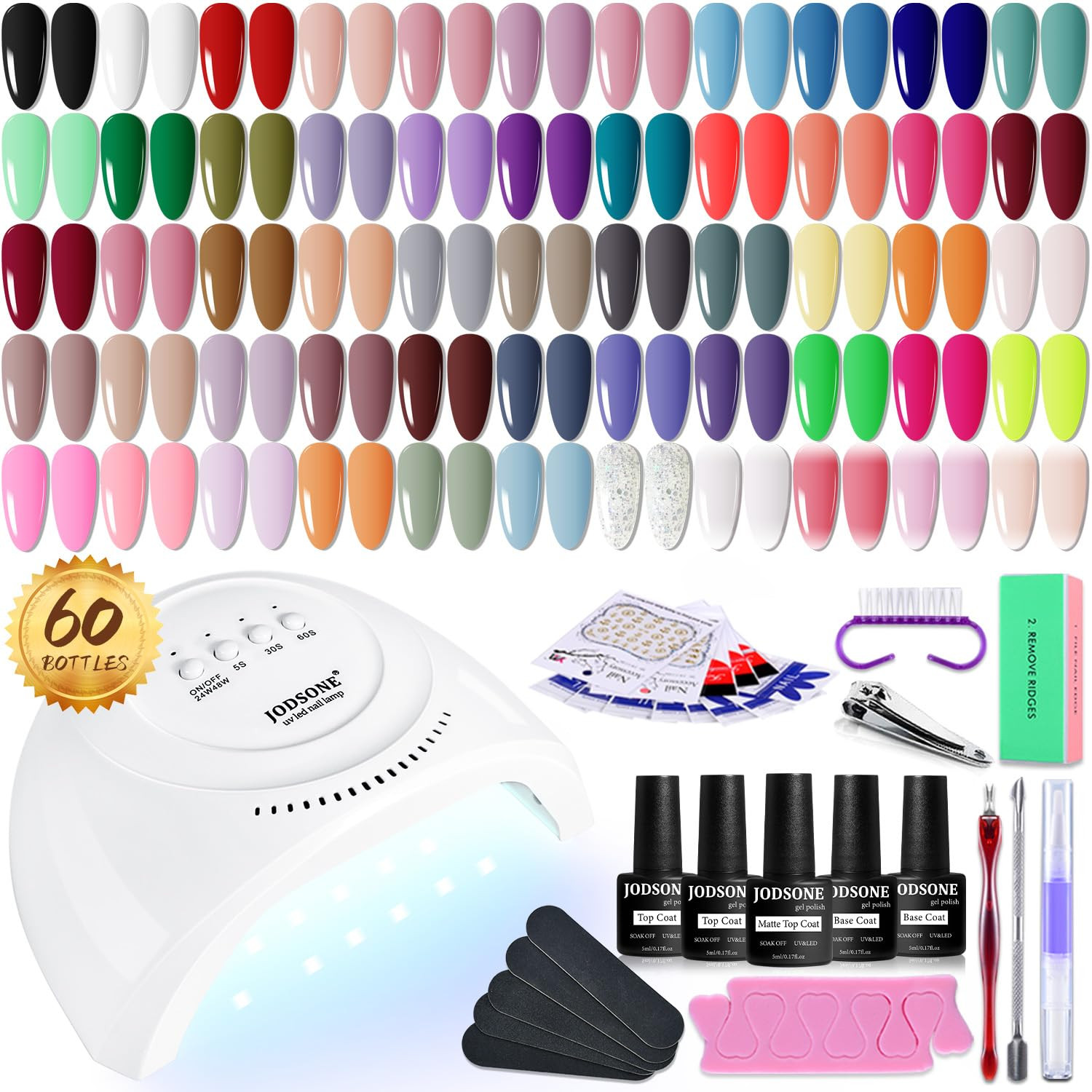 JODSONE Gel Nail Polish Kit 60 PCS with U V Light Soak off Base Top Coat Gel Polish 55 Shine Colo... | Amazon (US)
