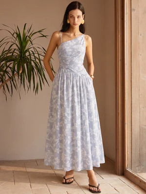 Asymmetric Striped Floral Embroidery Maxi Dress | Commense