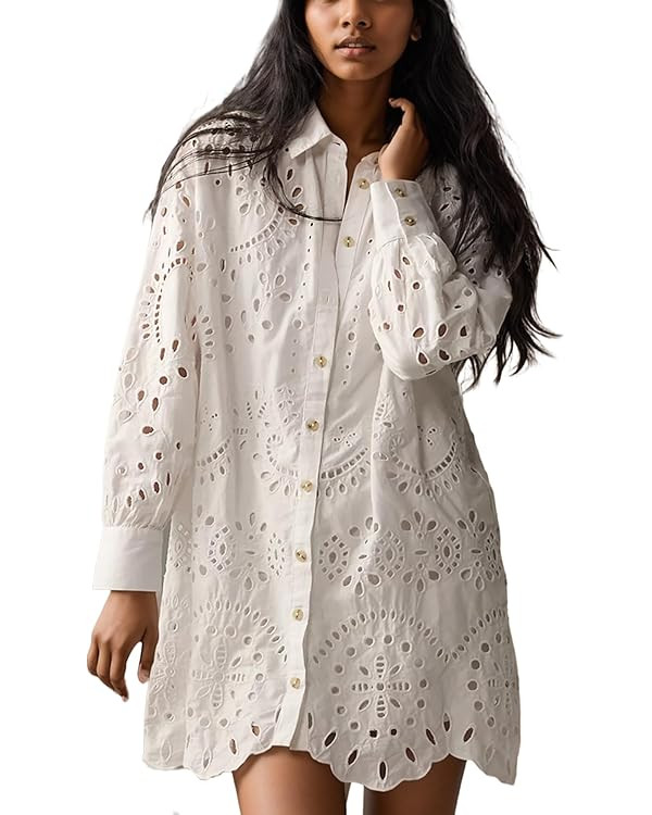 Livtany Women’s Button Down Shirt Dress Solid Eyelet Embroidery Cover Up Dress Casual Oversized... | Amazon (US)