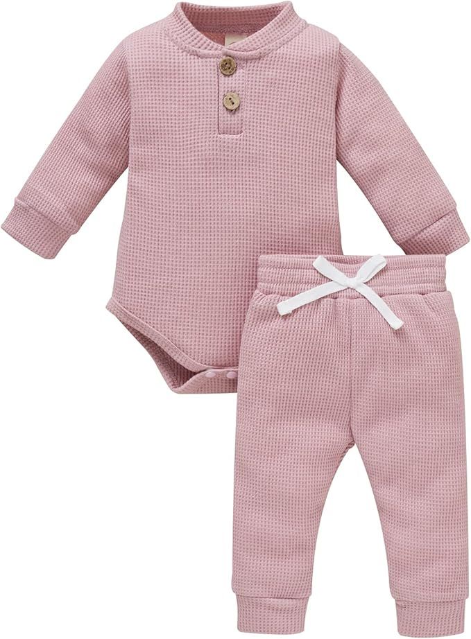 Winter Newborn Baby Boy Girl Clothes Set Ribbed Outfits Unisex Infant Solid Cotton Button Long Sl... | Amazon (US)