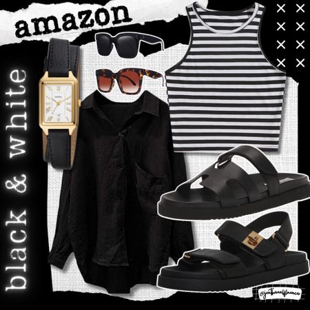 Amazon black and white fashion, stripes, crop tank, sandals. Button down, sunglasses 

#amazon #amazonfind #amazonfinds #founditonamazon #amazonstyle #amazonfashion #sandals #springsandals #summersandals #springshoes #summershoes #flipflops #slides #summerslides #springslides #slidesandals #travel #vacation #vacay #tropical #resort #outfit #inspiration Travel outfit, vacation outfit, travel ootd, vacation ootd, resort outfit, resort ootd, travel style, vacation style, resort style, vacay style, travel fashion, vacay fashion, vacation fashion, resort fashion, travel outfit idea, travel outfit ideas, vacation outfit idea, vacation outfit ideas, resort outfit idea, resort outfit ideas, vacay outfit idea, vacay outfit ideas #black #blacklook #blackoutfit #outfitwithblack #lookswithblack #blackoutfitinspo #blackoutfitinspiration #looksfeaturingblack #neutral #neutrals #neutraloutfit #neatraloutfits #neutrallook #neutralstyle #neutralfashion #neutraloutfitinspo #neutraloutfitinspiration 

#LTKSeasonal #LTKstyletip #LTKunder100