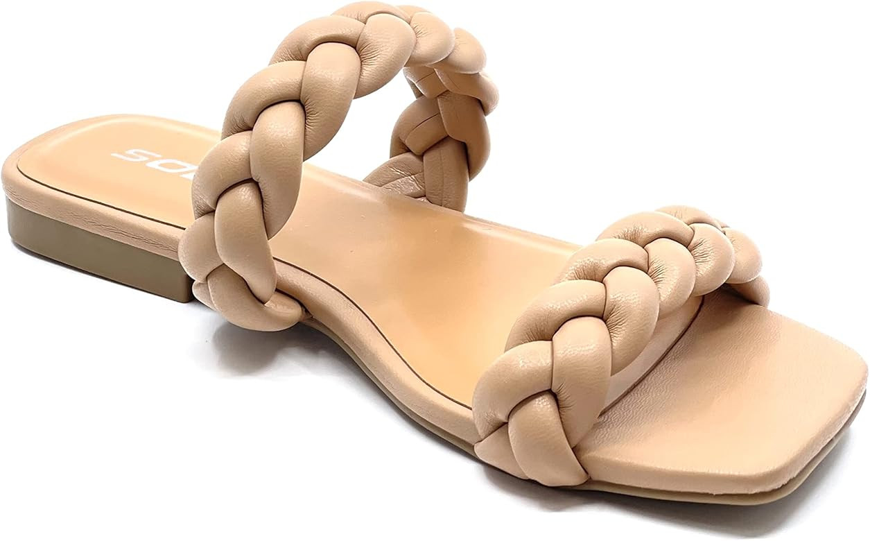 SODA VAULT Women's Square Open Toe Flat Sandals Braided Strap Slip-on Slides Woven Sandals | Amazon (US)