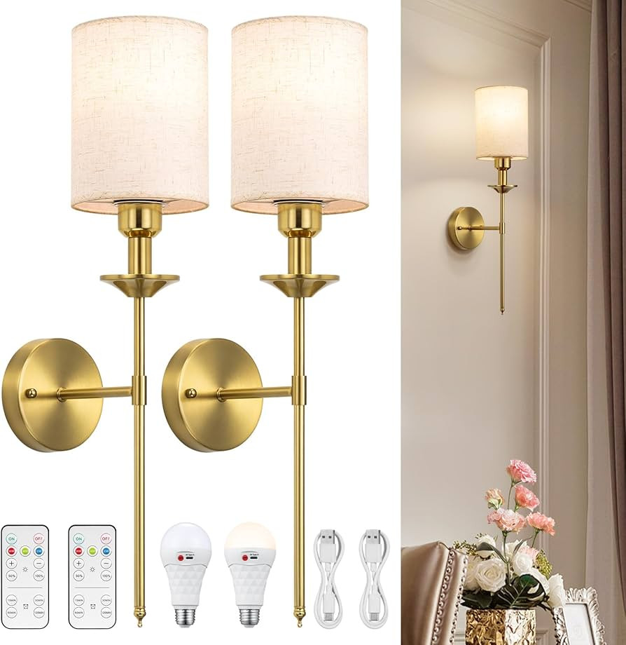 Battery Operated Wall Sconce Set of 2, Battery Powered Wall Sconces Rechargeable Wall Lights with... | Amazon (US)