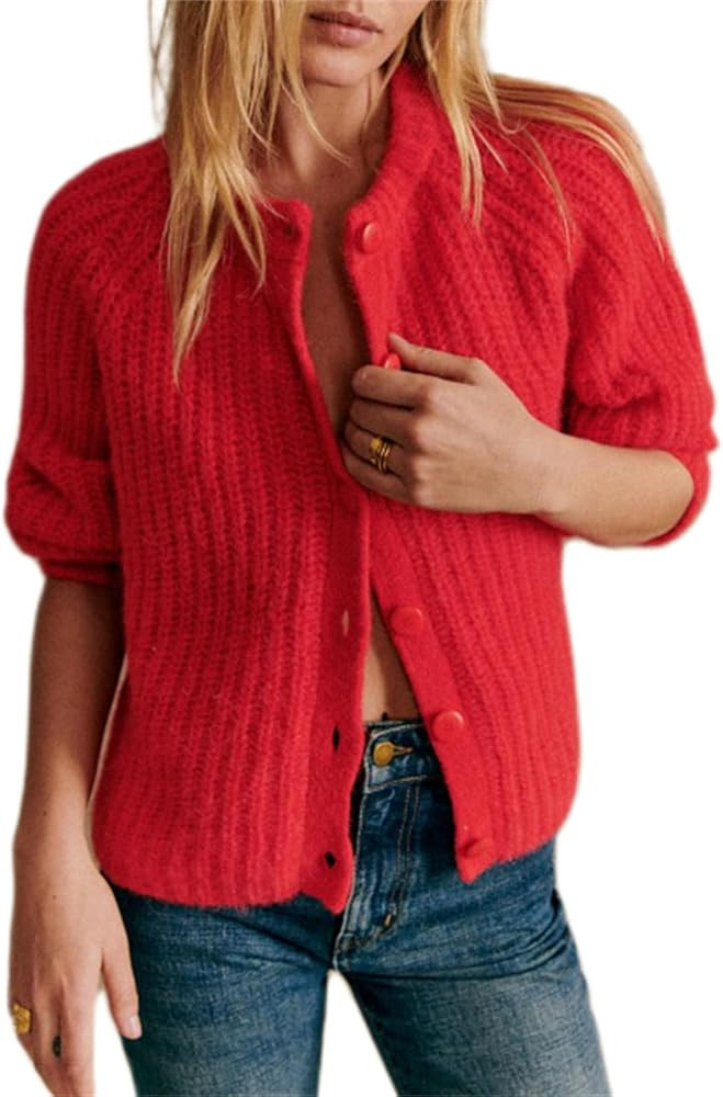 Women Chunky Knit Cardigan Y2k Long Latern Sleeve Crew Neck Button Up Open Front Cable Knitted Sh... | Amazon (US)