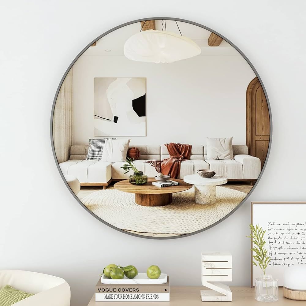 Koonmi Bathroom Round Mirror 30" Circle Wall Mirror Metal Framed Large Hanging Decorative Mirrors... | Amazon (US)
