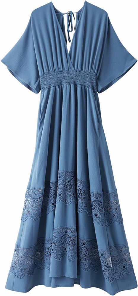 Olaesa Women's Lace Maxi Dress Short Sleeve V Neck Party Dress Smocked Waist Boho Maxi Dress Bohe... | Amazon (US)
