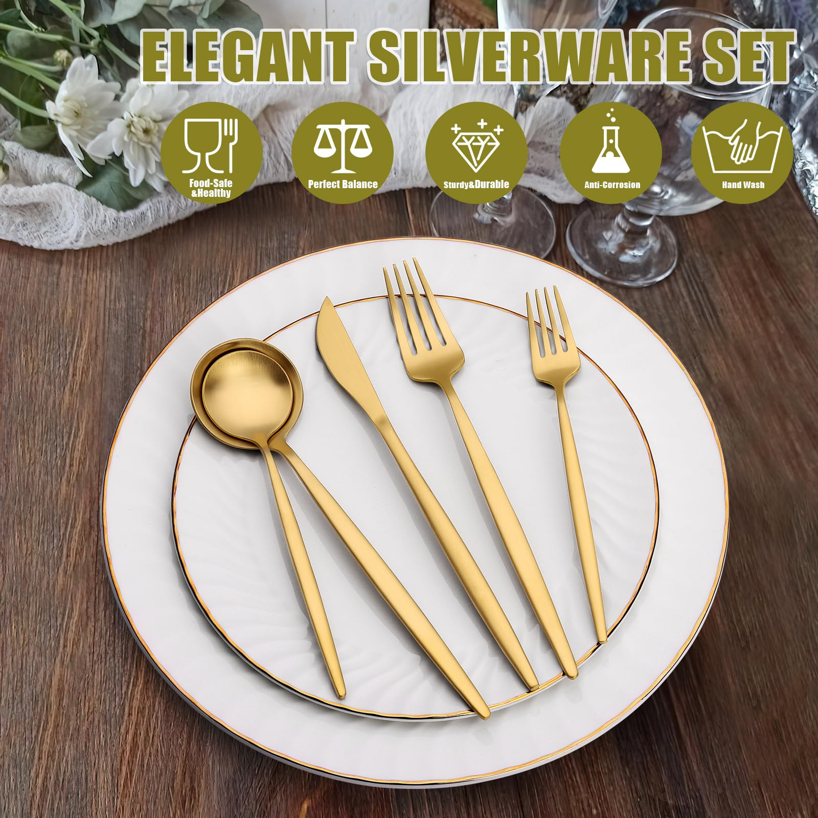 40 Piece Gold Silverware Set for 8, Terlulu Stainless Steel Flatware Set, Gold Cutlery Set Utensi... | Amazon (US)