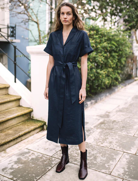 Lennox Techni Linen Maxi Shirt Dress - Navy | Cefinn