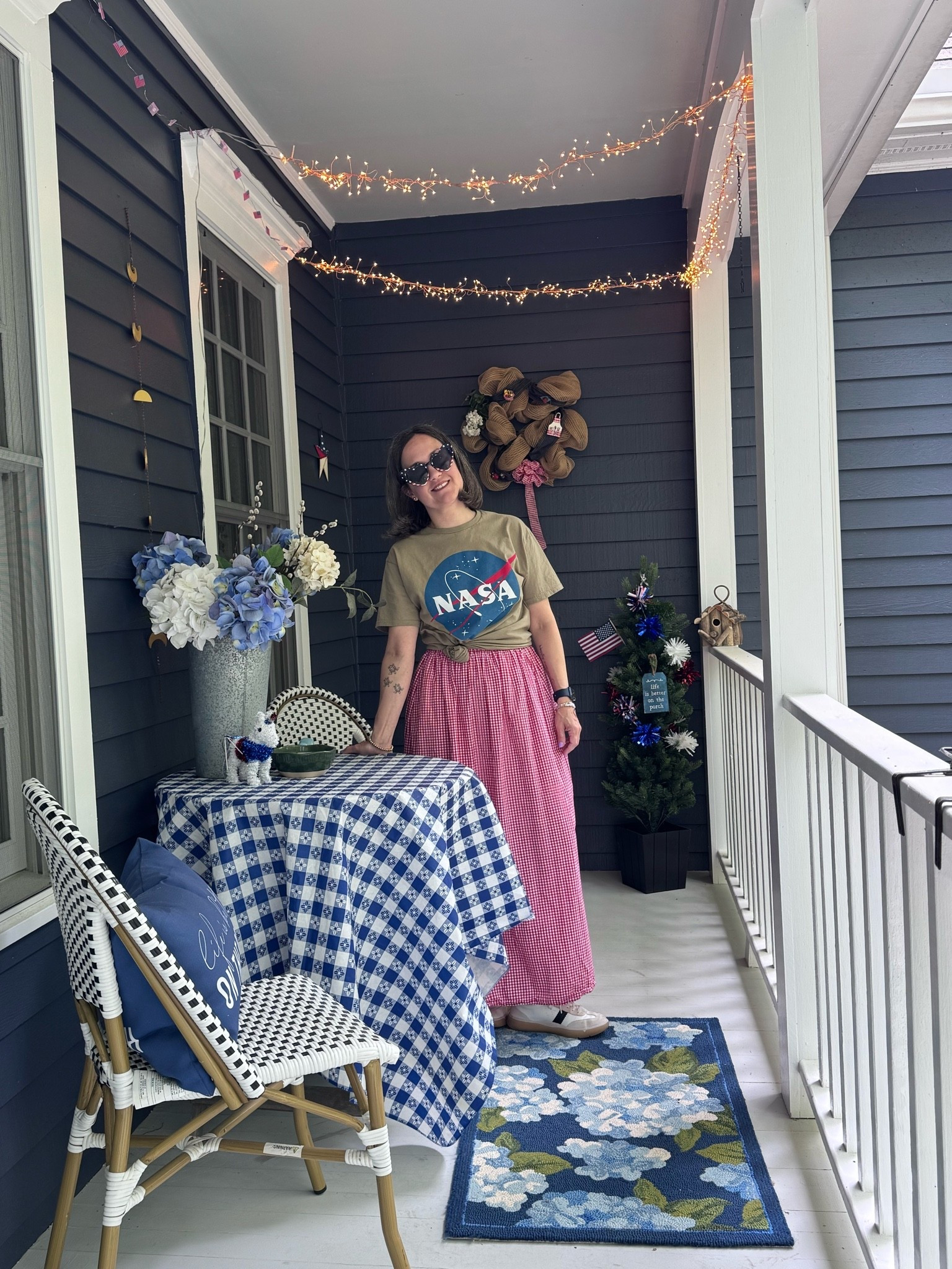 Summer porch ready! Wearing my NASA shirt from the Kennedy Space Center, gingham maxi skirt from Shop Bop.

#LTKdayinmylife #LTKSeasonal #LTKHome