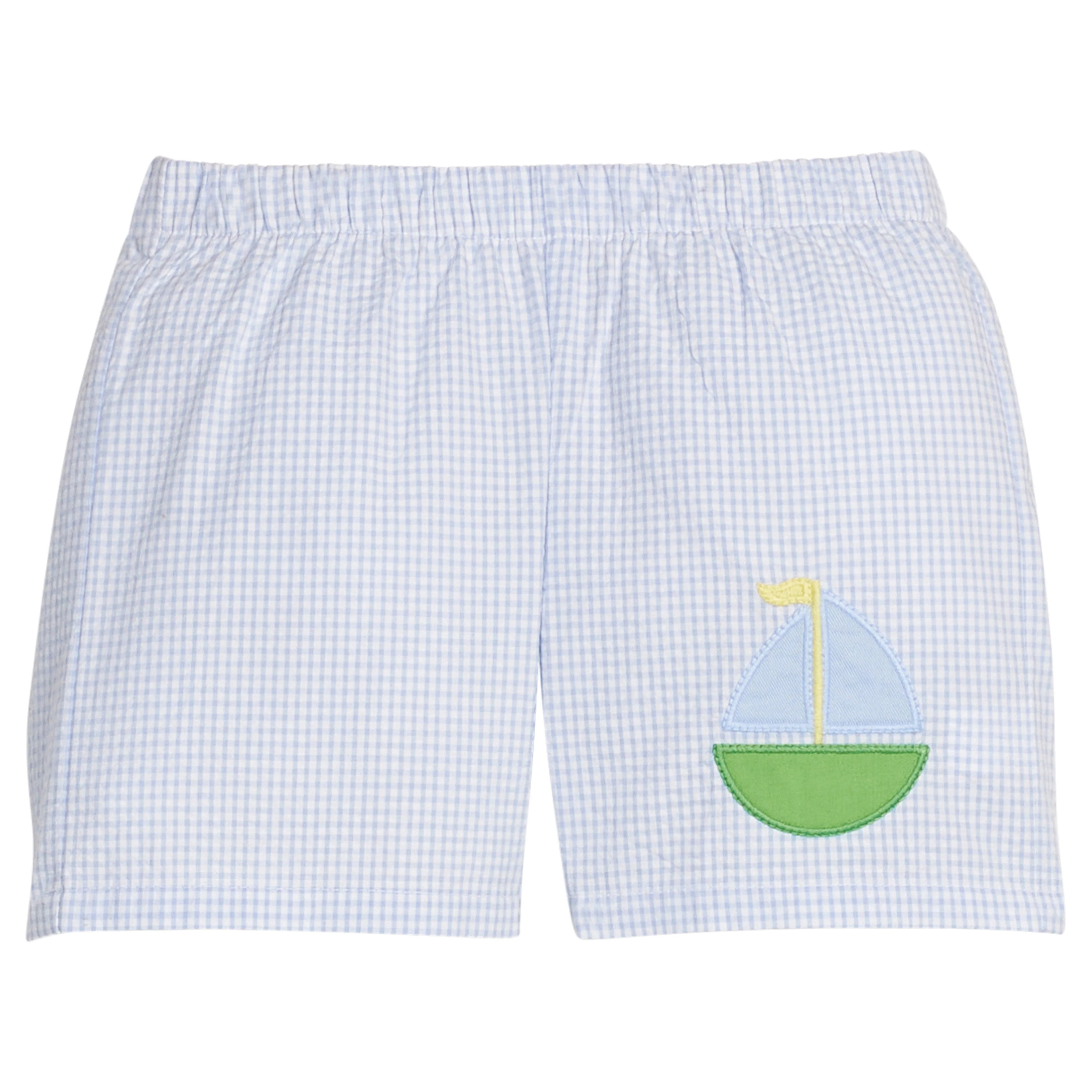 Sailboat Applique Basic Short - Light Blue Seersucker Boy | Little English