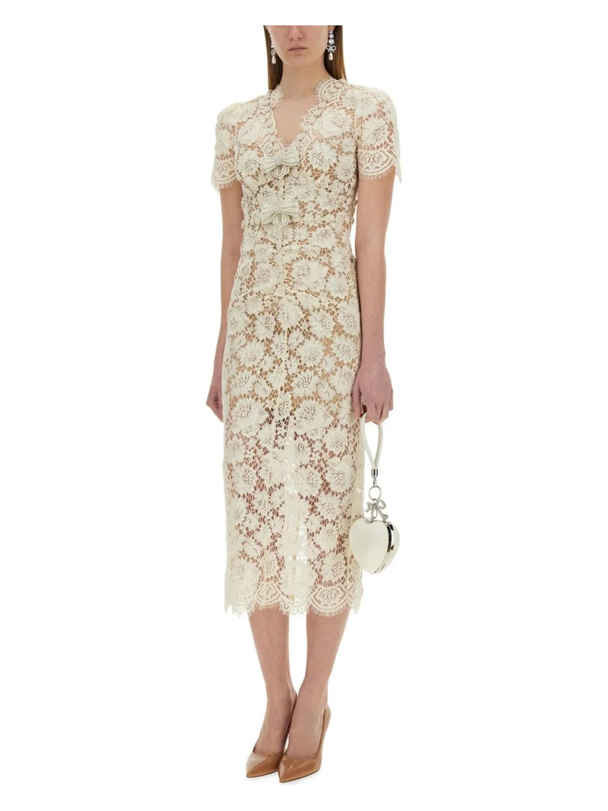 Self-Portrait Women's Fine Lace Midi Dress in White | Size 6 | SS25146MW Color CREAM | LOZURI