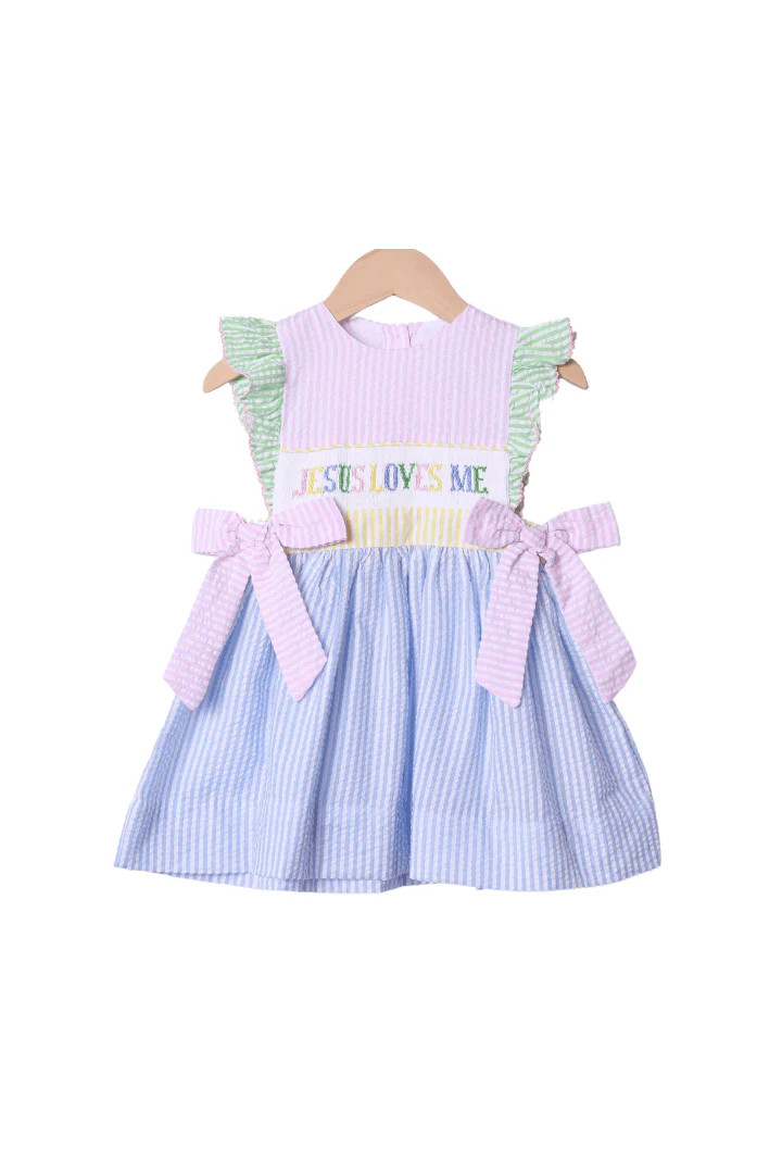 Smocked Jesus Loves Me Seersucker Colorblock Dress | The Smocked Flamingo