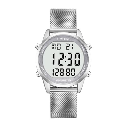 Men's Pedometer Watch with Stainless Steel Bracelet,Step Counter Watch No App, No Charging Needed for Ourdoor Walking, Calorie, Distance, Alarm, Countdown Timer Watch TU-2306B TIMEURE (Silver) | Amazon (US)