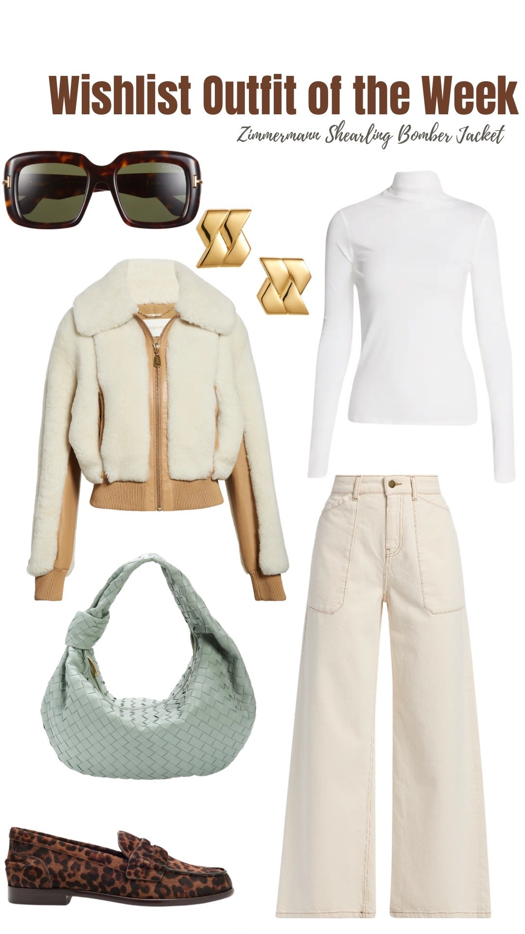 If you’re feelin’ SPLURGE-Y, here’s this week’s Wishlist Outfit of the Week.

Shearling Bomber Jacket: Zimmermann (Hypnotic Jacket)
Ecru High Rise Wide-Leg Jeans: bas&sh
Leopard Calf Hair Loafers: Rag & Bone (Carter Loafers)
Leather Hobo Bag: Bottega Veneta (Jodie Bag)
White Turtleneck: Vince
Green Lens Sunglasses: Tom Ford
Gold Earrings: Versace (Bind Earrings) 

#LTKSeasonal #LTKootd