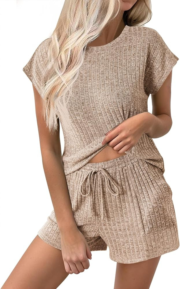 Ekouaer Pajamas for Women Ribbed Knit Lounge Set Cap Sleeve Top and Shorts Loungewear Sleepwear w... | Amazon (US)