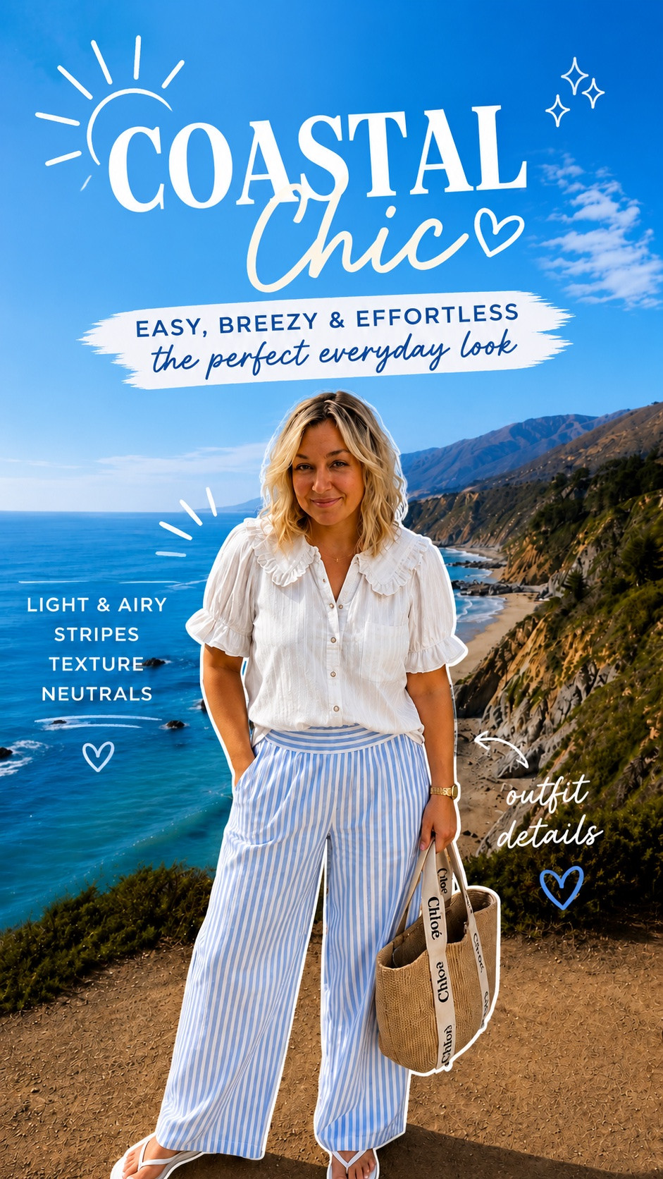 Coastal chic might be one of my favorite summer style formulas. 🌊🤍
A romantic white blouse, breezy striped pants, simple flip-flops, and a woven tote create an outfit that feels polished without trying too hard.
-
coastal chic outfit, midsize fashion over 50, women over 50 style, summer outfit ideas, striped pants outfit, white blouse outfit, casual chic style, vacation outfit inspiration, resort wear outfit, feminine midsize fashion, effortless summer style, over 50 fashion blogger, coastal grandmother style, everyday outfit inspiration, Anyas Looks