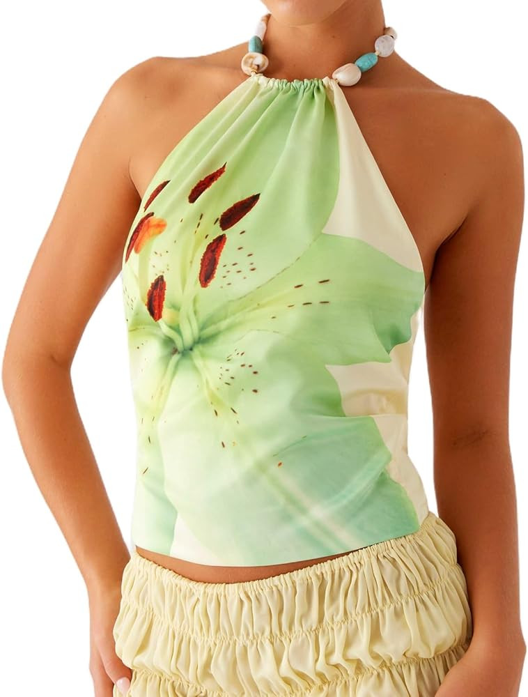 Backless Halter Tops for Women Y2k Sleeveless Open Back Tie Up Floral Print Camisole Silk Satin G... | Amazon (US)