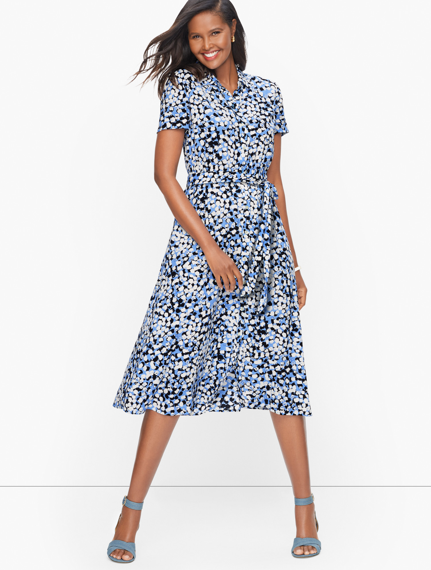 Plus Size - Tie Waist Textured Dot Shirtdress - Vista Blue - 16 Talbots | Talbots