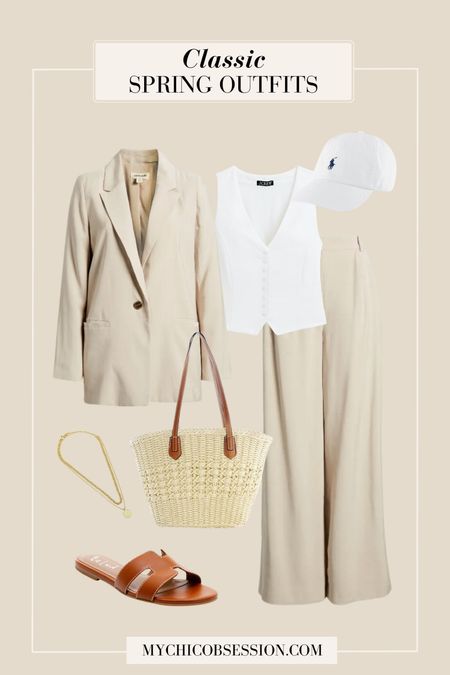 Create a spring outfit with these classic pieces. Start with a relaxed fit blazer and wide leg trousers for this workwear inspired look. Underneath, try a sleeveless white vest. Accessorize to make the look more casual by adding a baseball cap, a straw tote, gold jewelry, and leather sandals.

#LTKstyletip #LTKSeasonal