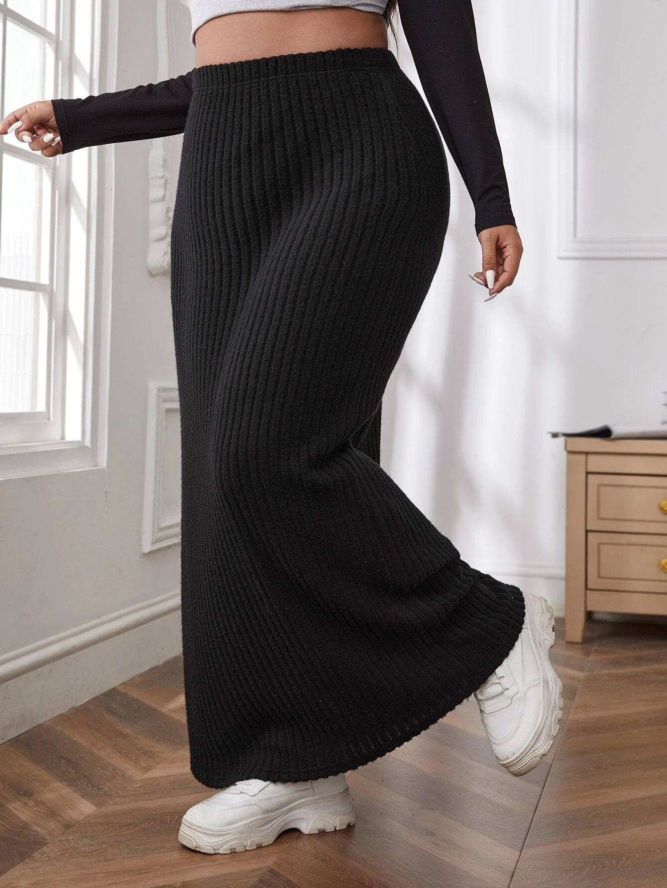 SHEIN EZwear Plus High Waist Ribbed Knit Skirt | SHEIN