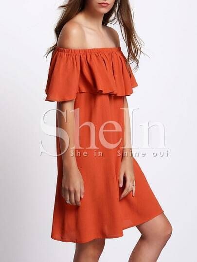 Orange Off The Shoulder Ruffle Shift Dress | SHEIN