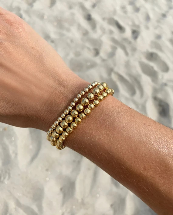 Gold Ball Bracelet, Elastic Gold Bead Bracelet, 24k Gold Plated Beaded Bracelet, Gold Plating Bea... | Etsy (US)