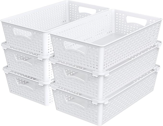 Simple Houseware Plastic Stackable Storage Basket Pantry Organizer, 6 Pack, White | Amazon (US)