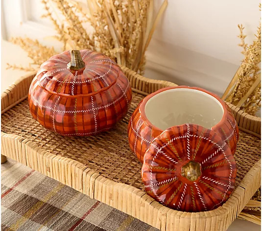 Set of 2 Ceramic Plaid Pumpkin Serving Bowls with Lid by Valerie | QVC