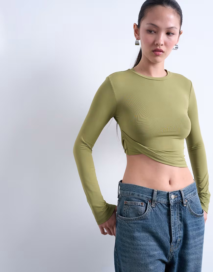 Topshop twist side long sleeve top in green | ASOS (Global)