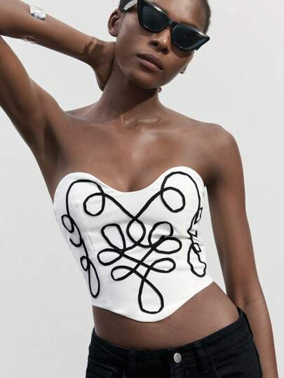 Maija Women's White With Black Ropes Pattern Back Elastic Stretch Fitted Crop Camisole Tank Top, ... | SHEIN