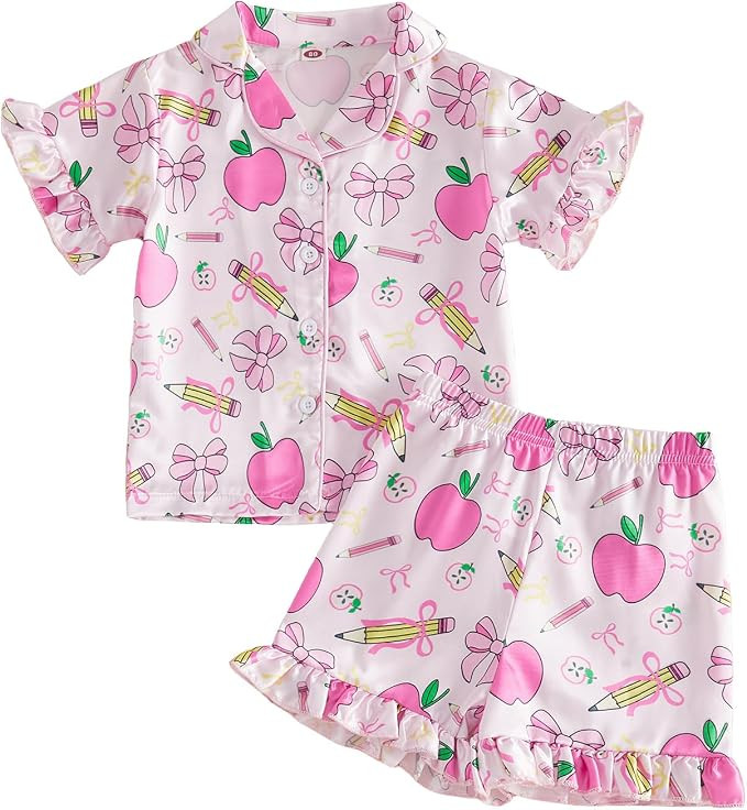 Kavousa Toddler Girl Back to School Silk Pajamas Short Sleeve Apple Pencil Bow Print Shirt+Shorts... | Amazon (US)
