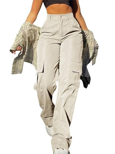 SDNGED Beige Cargo Pants for Women High Waisted Baggy Wide Leg Stretchy Y2K Streetwear Women’s Cargo Pants with Pockets | Amazon (US)