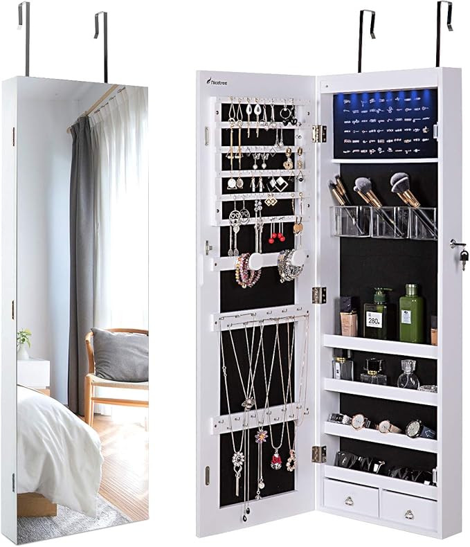 Nicetree 8 LED Mirror Jewelry Cabinet, Jewelry Armoire Organizer with Full Screen Mirror, Wall/Do... | Amazon (US)