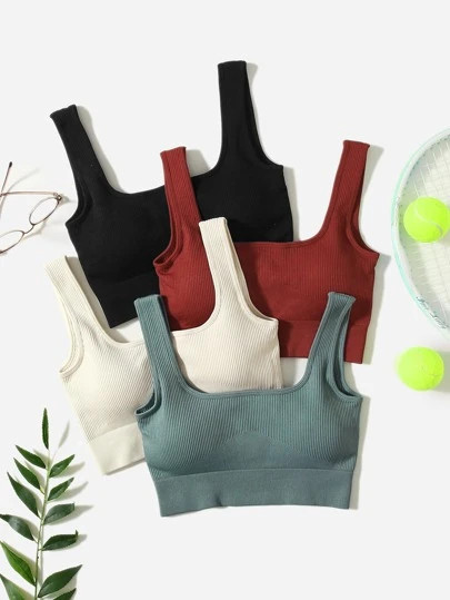 Yoga Basic 4Pack Medium Support  Seamless Rib-knit Sports Bra | SHEIN