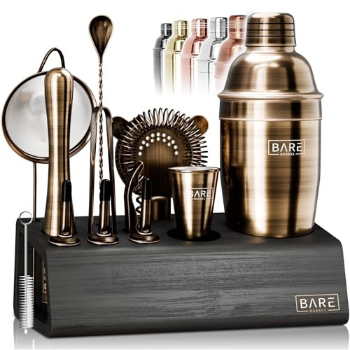 BARE BARREL® Mixology Bartender Kit Bar Set | 14-Piece Cocktail Shaker Set | Martini Barware Mixing Tools for Home Bartending | Incl. 35 Recipe Cards | Gift Set (24oz Cobbler Shaker, Brass/Black) | Amazon (US)