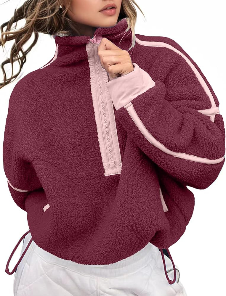 Women's Fleece Sweatshirts Half Zip Pullover Long Sleeve Oversized Workout Crop Tops Hoodie With ... | Amazon (US)
